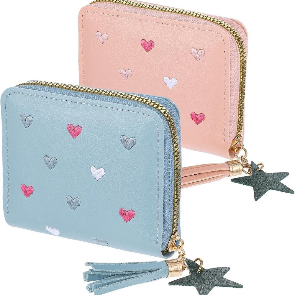 Kids Wallets Girls Small PU Leather Zipper Card Slots Heart Tassels 2 Pack